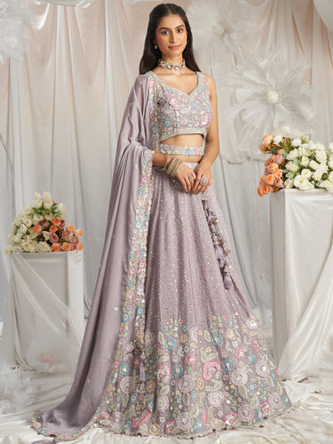Mauve Pure Chiffon Sequins and thread embroidery Semi-Stitched Lehenga choli & Dupatta ClothsVilla