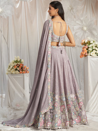 Mauve Pure Chiffon Sequins and thread embroidery Semi-Stitched Lehenga choli & Dupatta ClothsVilla