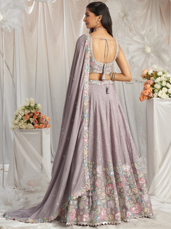 Mauve Pure Chiffon Sequins and thread embroidery Semi-Stitched Lehenga choli & Dupatta ClothsVilla