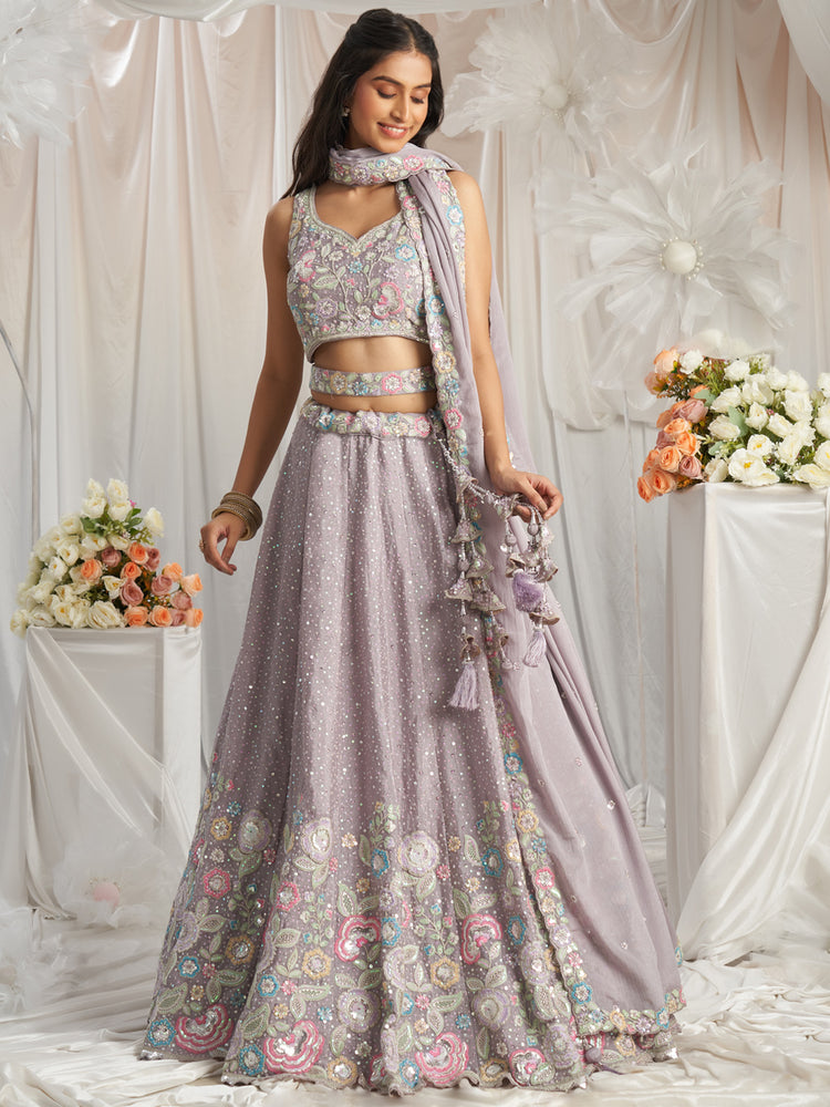 Mauve Pure Chiffon Sequins and thread embroidery Semi-Stitched Lehenga choli & Dupatta ClothsVilla