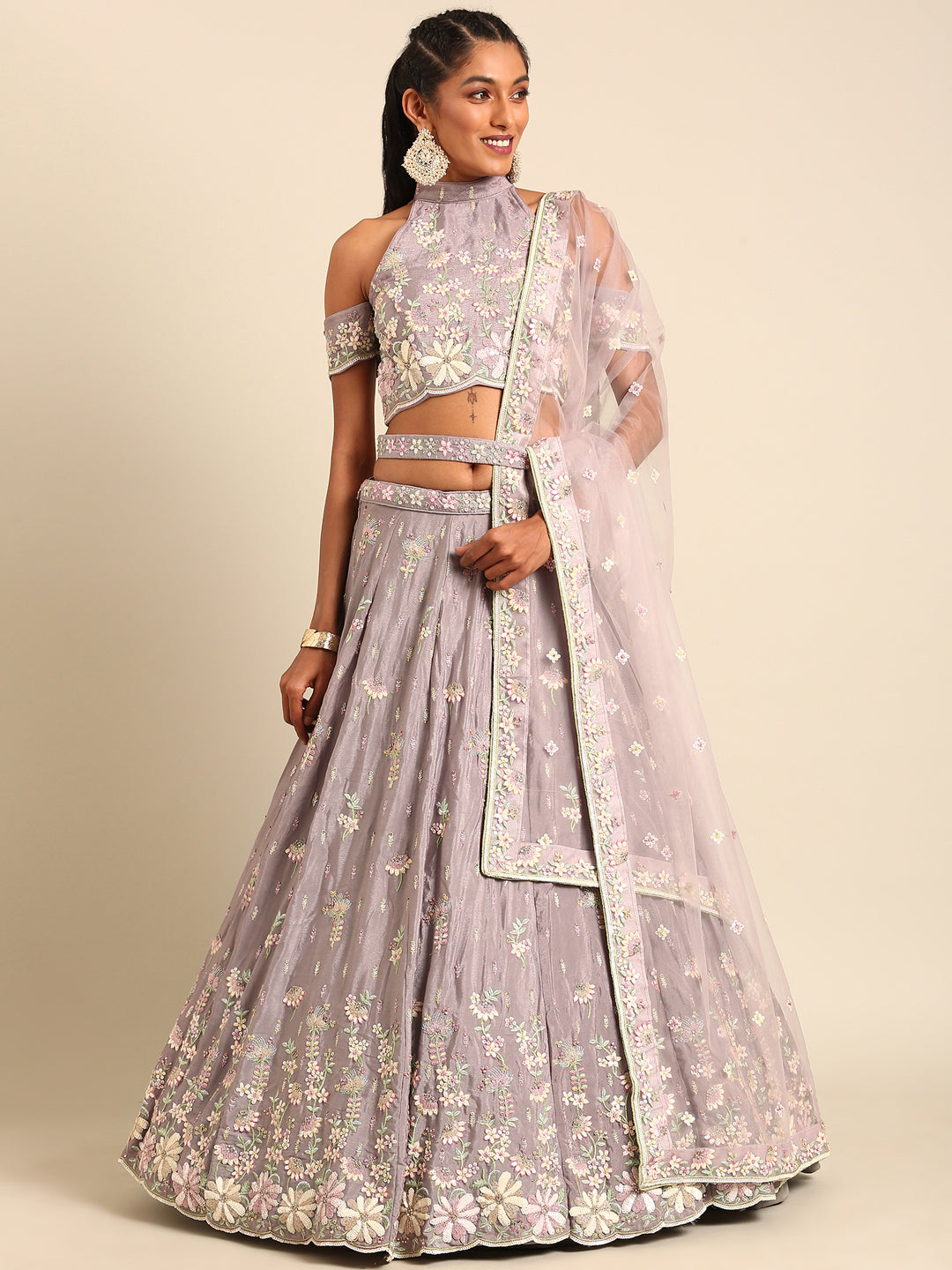 Mauve Pure Georgette Sequins with heavy Zarkan embroidery Semi-Stitched Lehenga choli & Dupatta Clothsvilla