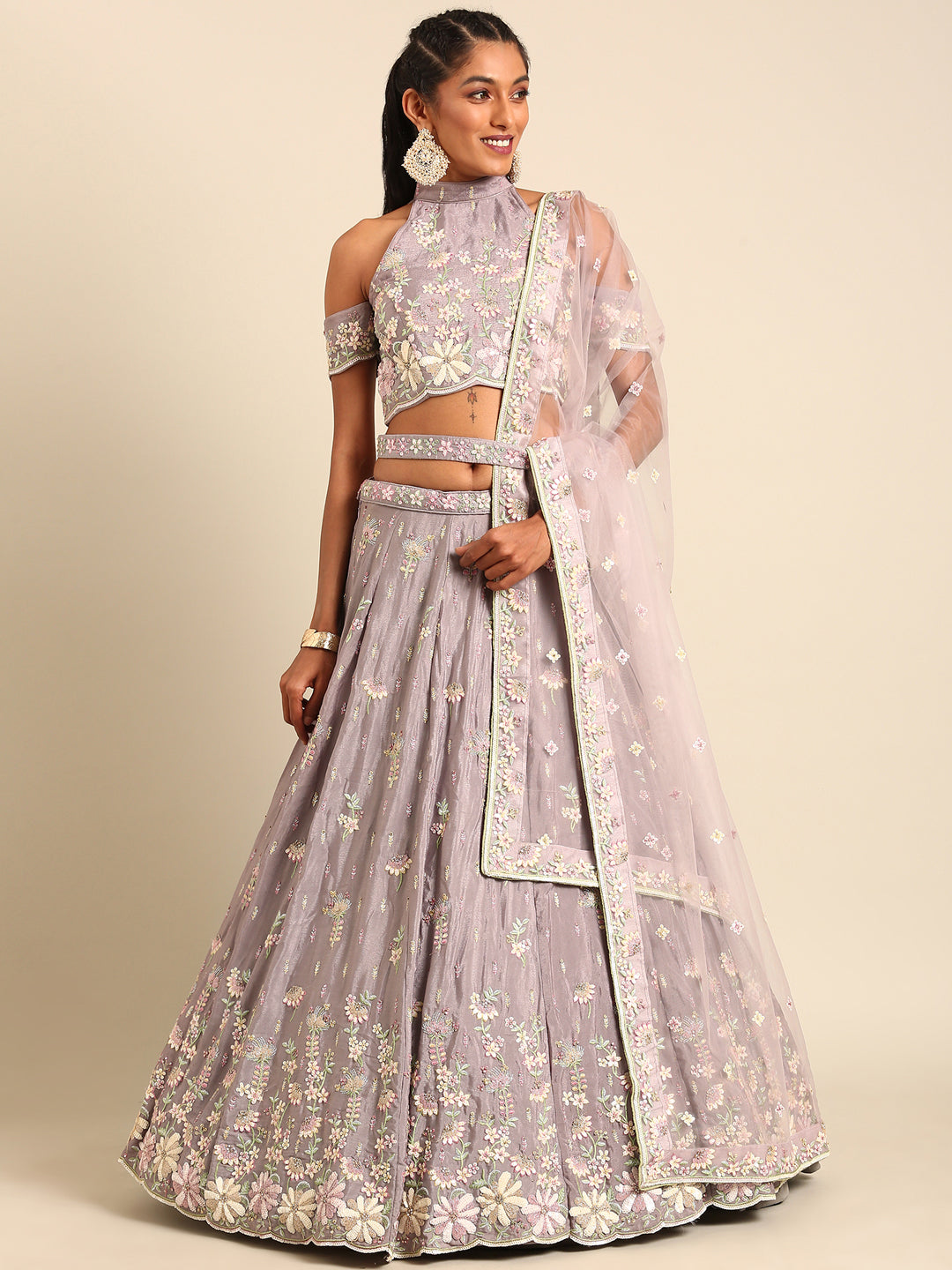 Buy Black Net All-Over Floral Pattern Sequin Embellished Unstitched Lehenga  Set Collections at Soch