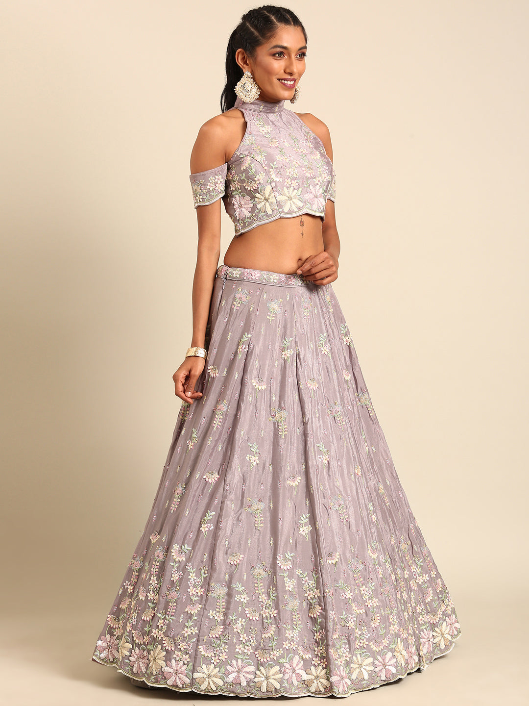 Mauve Pure Georgette Sequins with heavy Zarkan embroidery Semi-Stitched Lehenga choli & Dupatta Clothsvilla