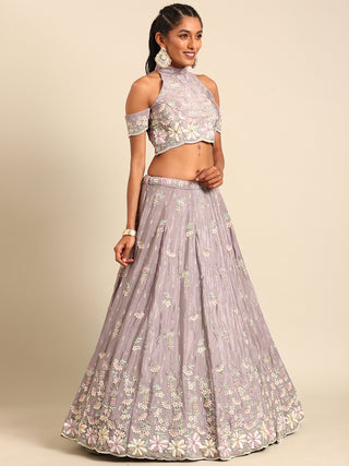 Mauve Pure Georgette Sequins with heavy Zarkan embroidery Semi-Stitched Lehenga choli & Dupatta Clothsvilla