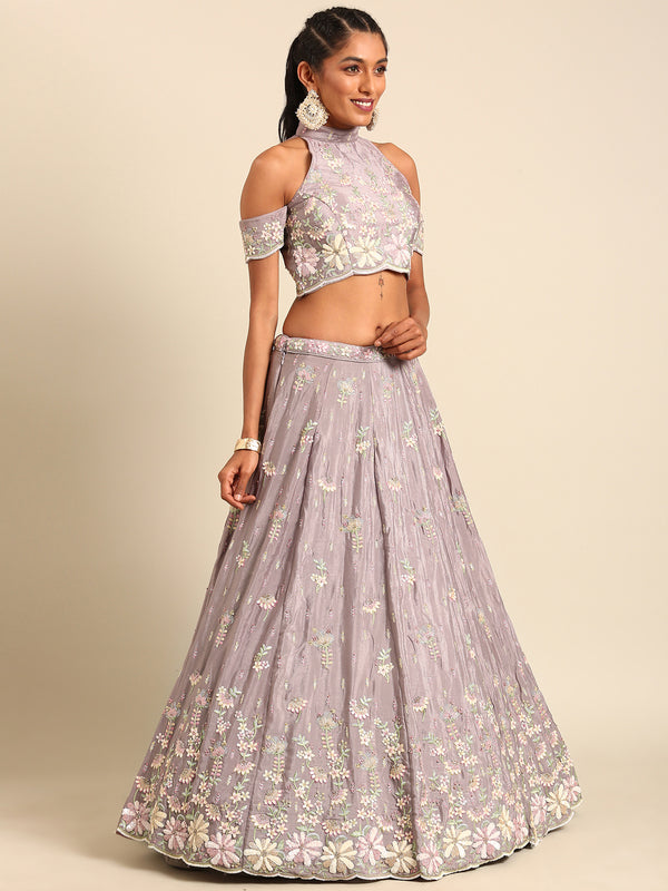Mauve Pure Georgette Sequins with heavy Zarkan embroidery Semi-Stitched Lehenga choli & Dupatta Clothsvilla