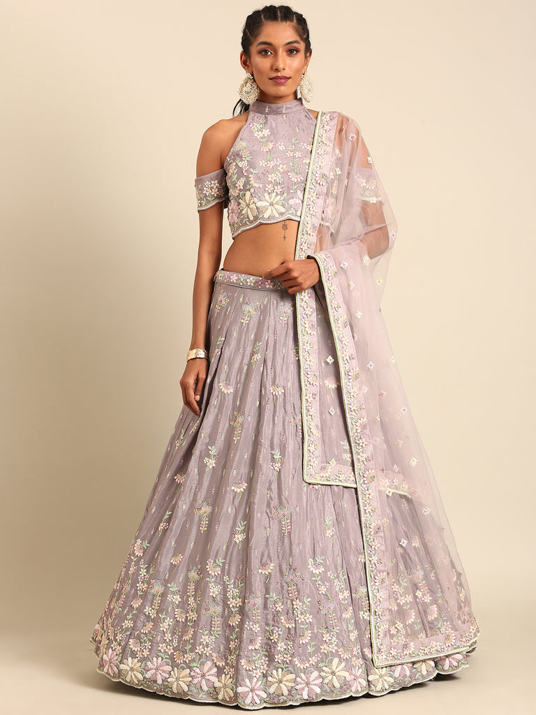 Mauve Pure Georgette Sequins with heavy Zarkan embroidery Semi-Stitched Lehenga choli & Dupatta Clothsvilla