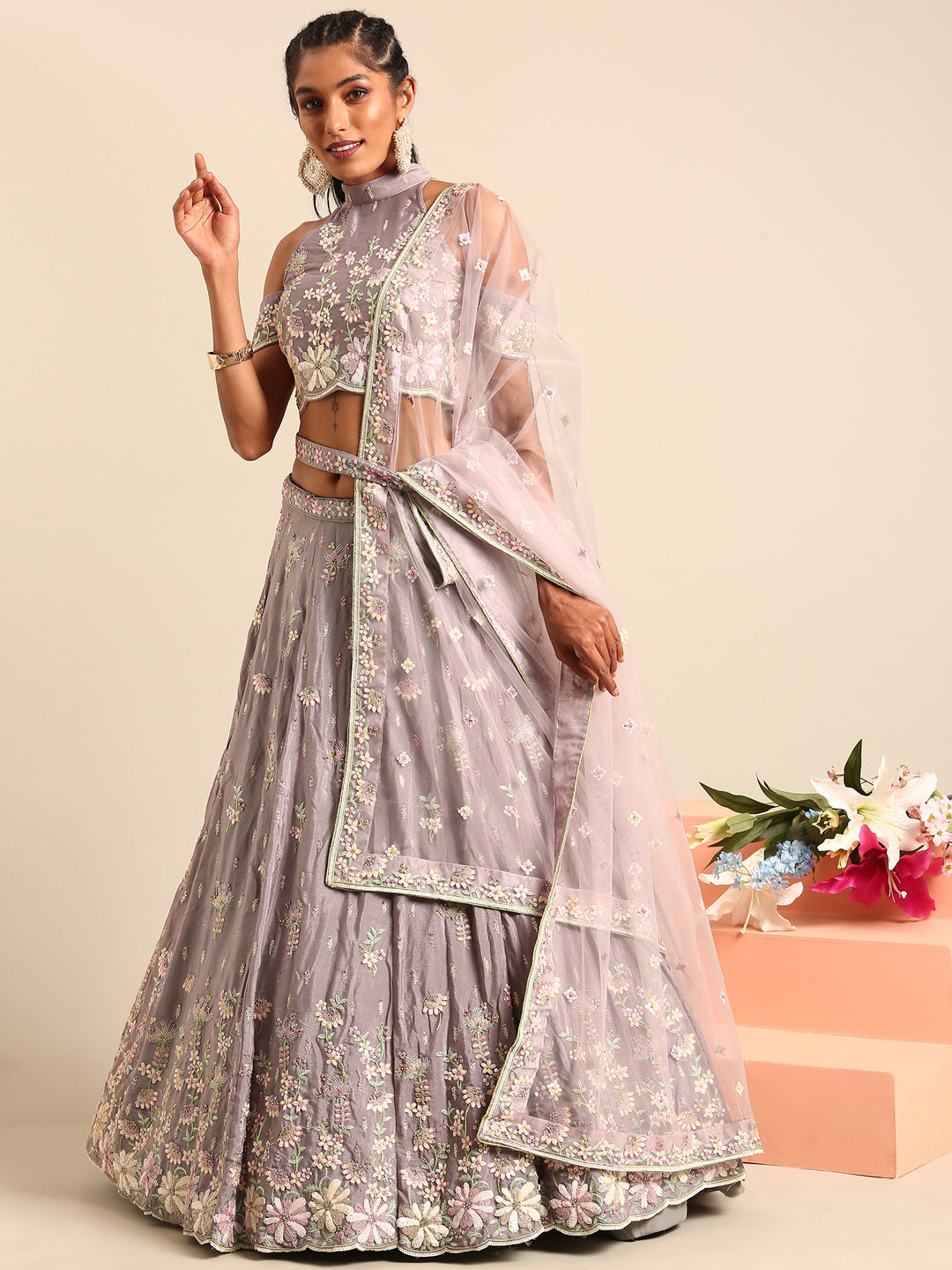 Mauve Pure Georgette Sequins with heavy Zarkan embroidery Semi-Stitched Lehenga choli & Dupatta Clothsvilla