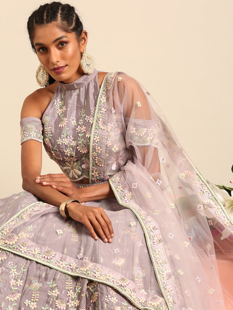 Mauve Pure Georgette Sequins with heavy Zarkan embroidery Semi-Stitched Lehenga choli & Dupatta Clothsvilla