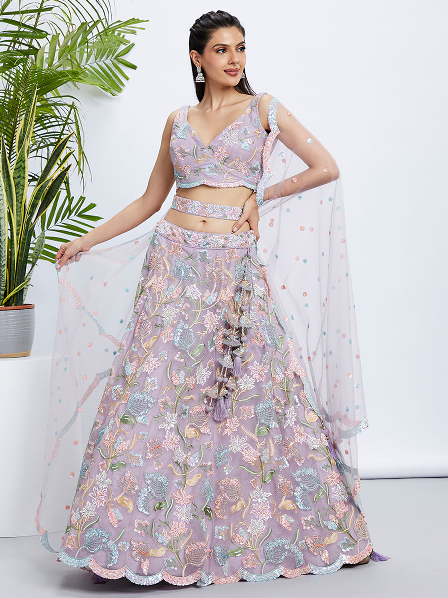 Babyhug Net Woven Sleeveless Singlet Sleeves Sequinned Floral Embroidered Lehenga Choli & Dupatta Set- Lilac main image 1
