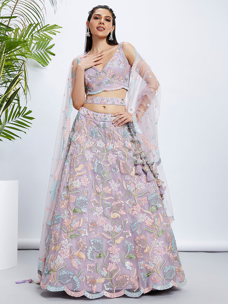 Mauve Sequinned Lehenga Choli & Dupatta Set - Semi-Stitched ClothsVilla