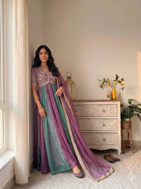 Mauve Silk Beads Work Gown Set ClothsVilla
