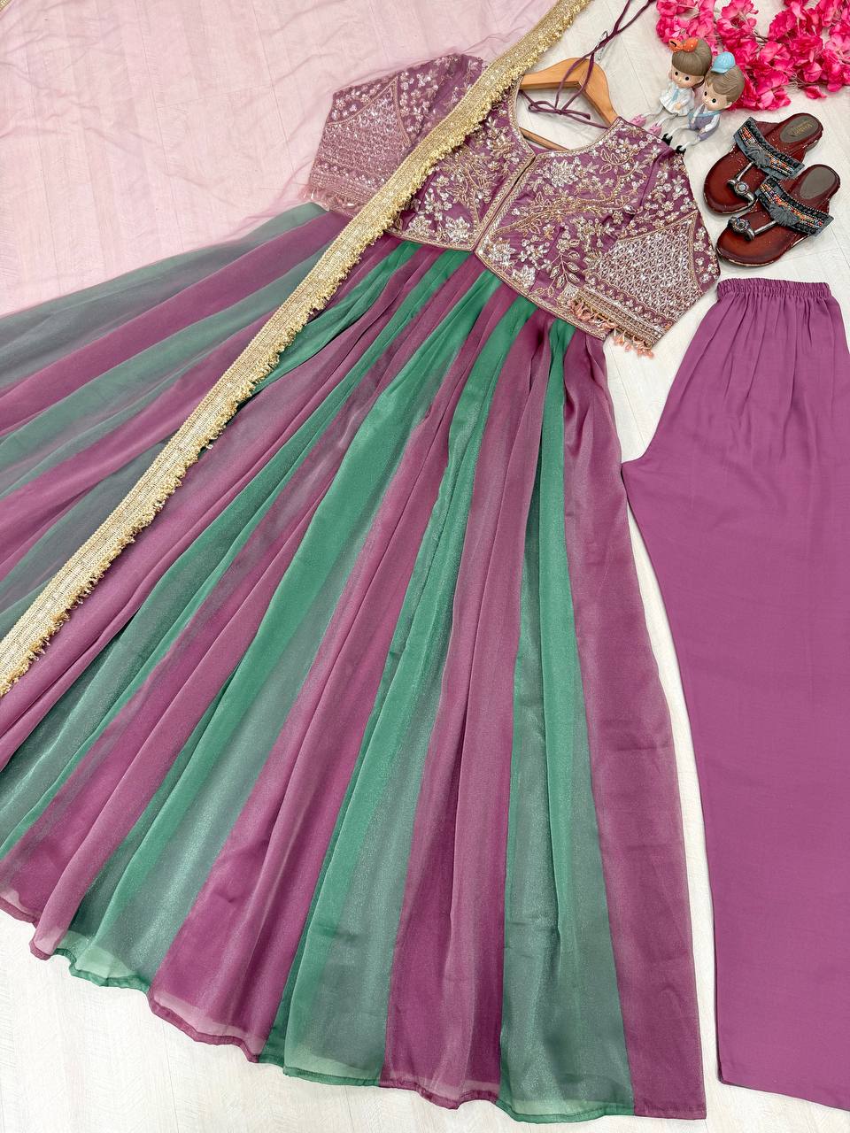Mauve Silk Beads Work Gown Set ClothsVilla