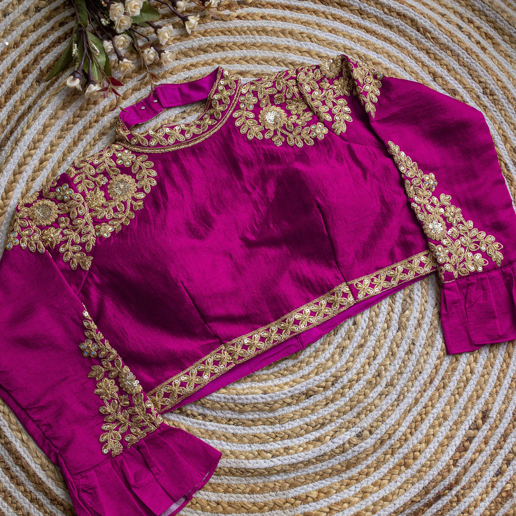 Meganta Golden Sequence Embroidered Blouse in glossy silk ClothsVilla