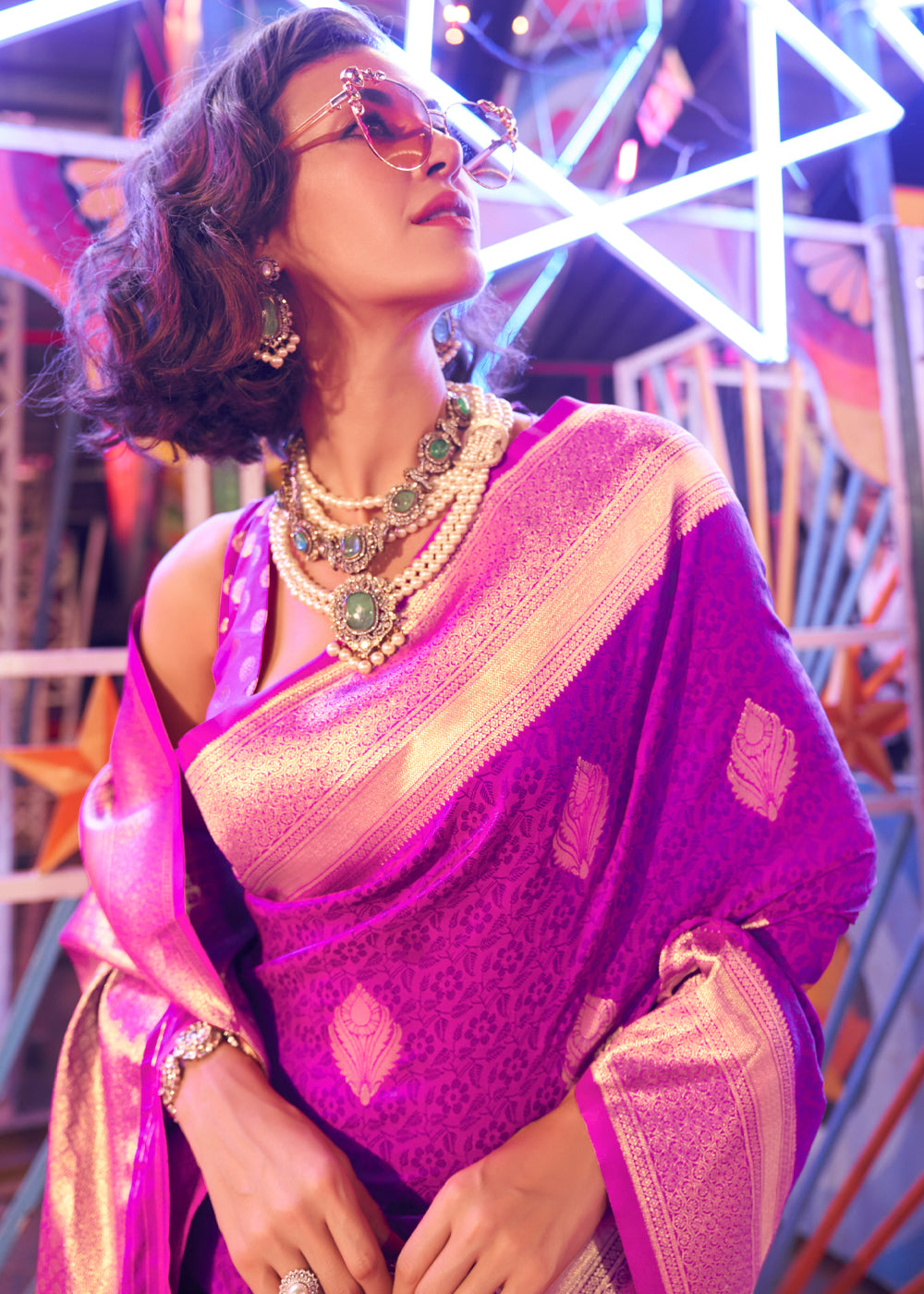 Megenta Floral Printed Banarasi Silk Saree with Zari Woven Pallu Secondary image