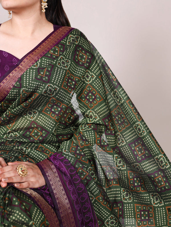 Mehendi Bandhej Print Chanderi Saree with Zari Weaving Work ClothsVilla