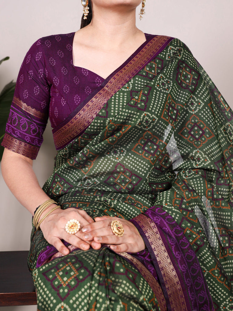 Mehendi Bandhej Print Chanderi Saree with Zari Weaving Work ClothsVilla