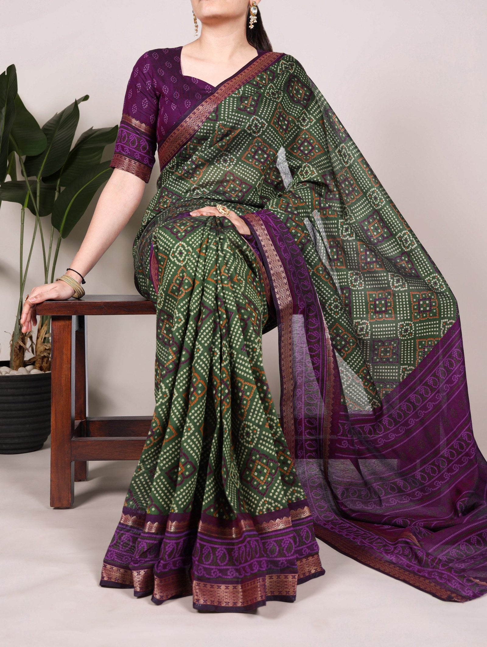Mehendi Bandhej Print Chanderi Saree with Zari Weaving Work ClothsVilla