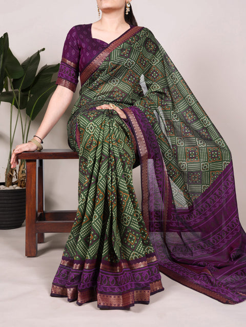 Mehendi Bandhej Print Chanderi Saree with Zari Weaving Work ClothsVilla Main image