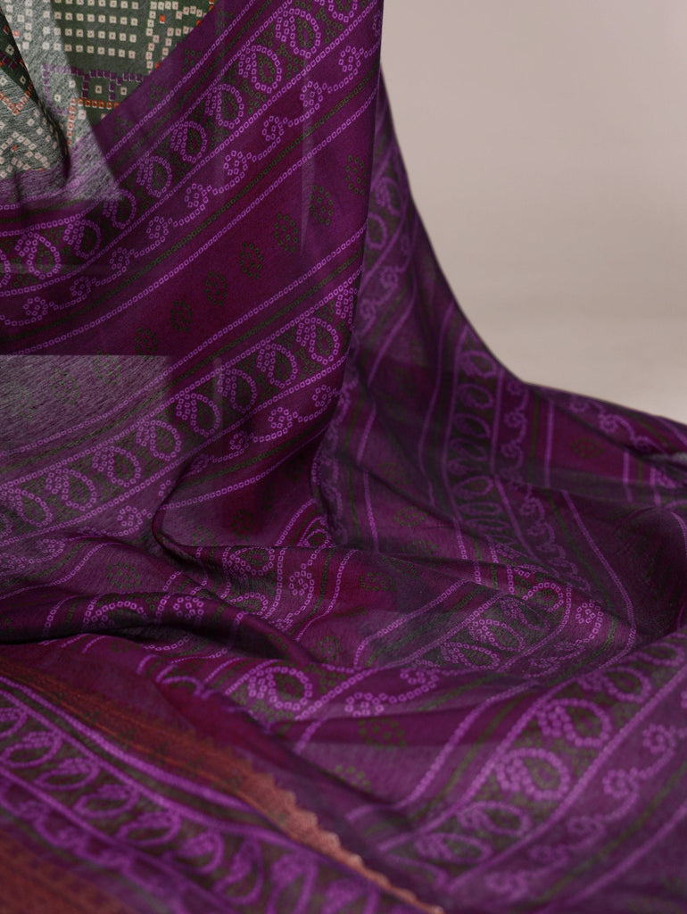 Mehendi Bandhej Print Chanderi Saree with Zari Weaving Work ClothsVilla
