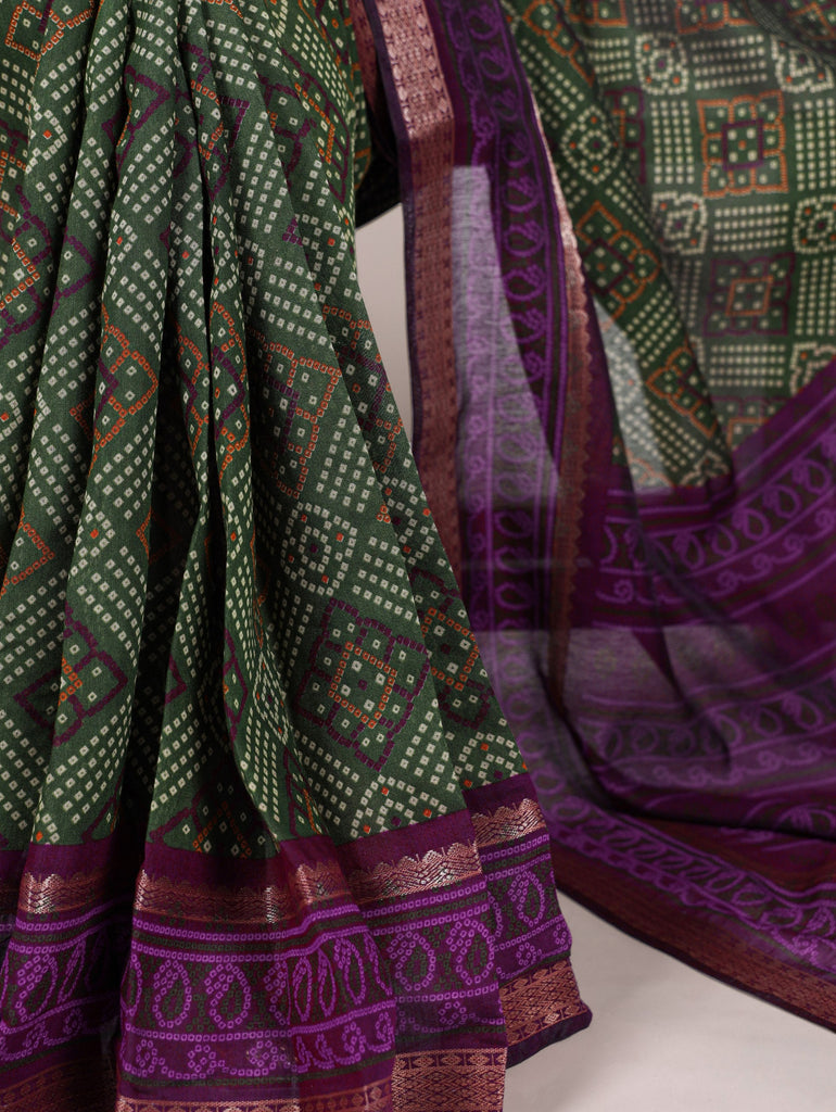 Mehendi Bandhej Print Chanderi Saree with Zari Weaving Work ClothsVilla