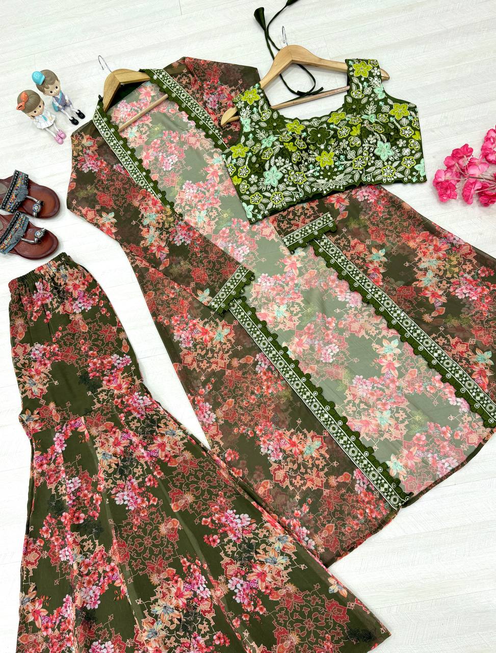 Mehendi Bollywood Style Indo-Western Koti, Plazzo & Blouse Set with Floral Digital Print & 5MM Sequins Work ClothsVilla