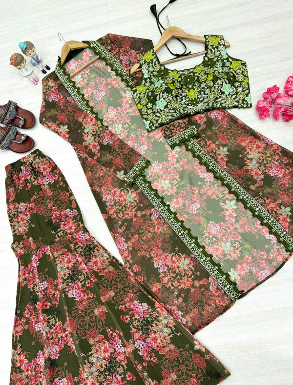 Mehendi Bollywood Style Indo-Western Koti, Plazzo & Blouse Set with Floral Digital Print & 5MM Sequins Work ClothsVilla