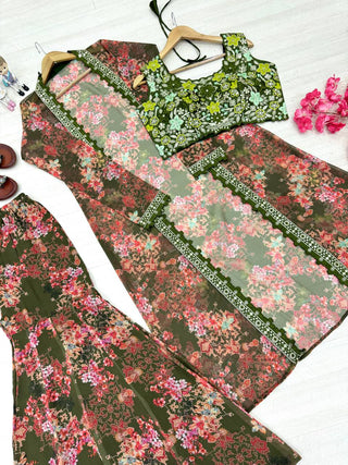 Mehendi Bollywood Style Indo-Western Koti, Plazzo & Blouse Set with Floral Digital Print & 5MM Sequins Work ClothsVilla