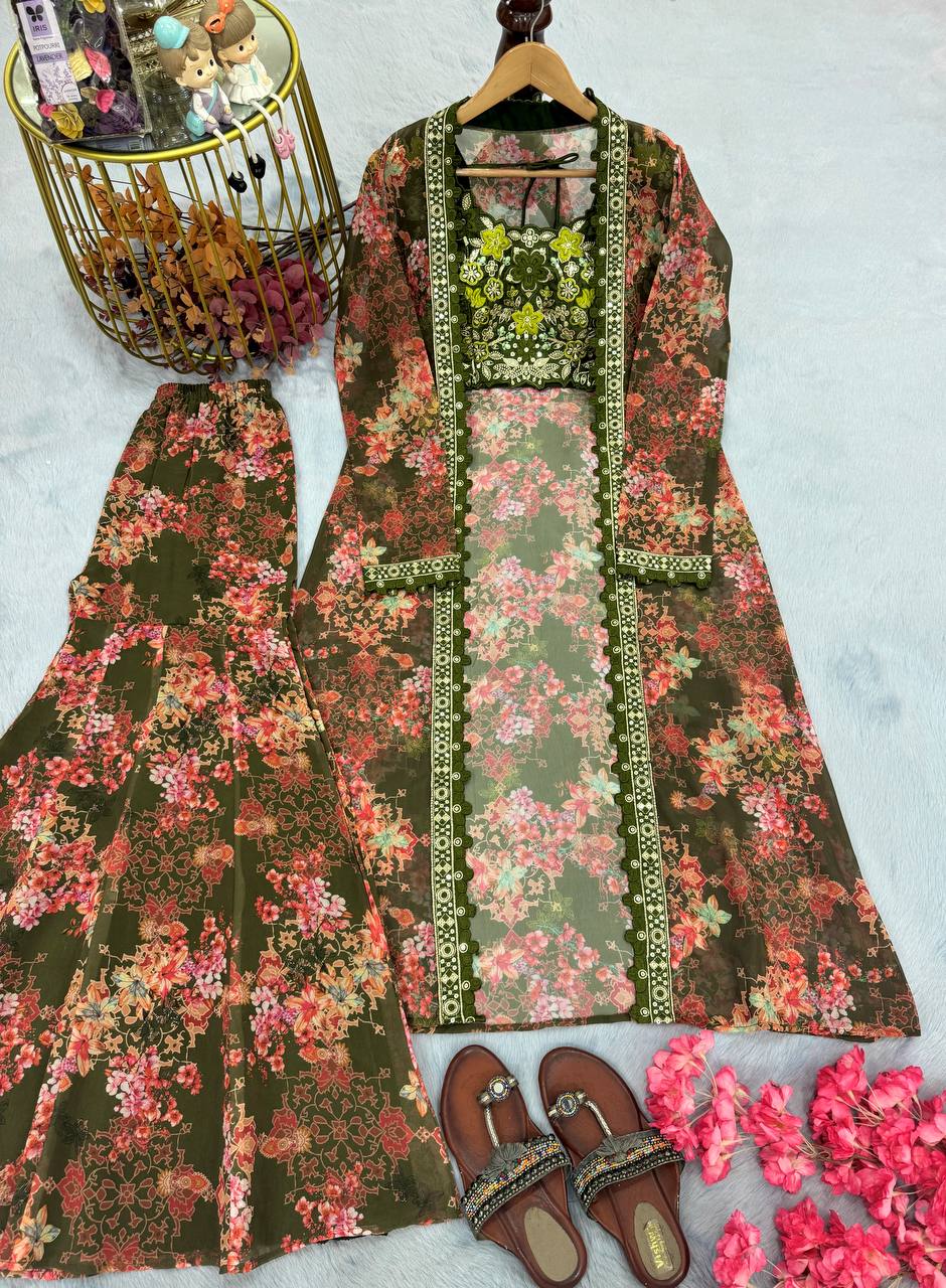 Mehendi Bollywood Style Indo-Western Koti, Plazzo & Blouse Set with Floral Digital Print & 5MM Sequins Work ClothsVilla