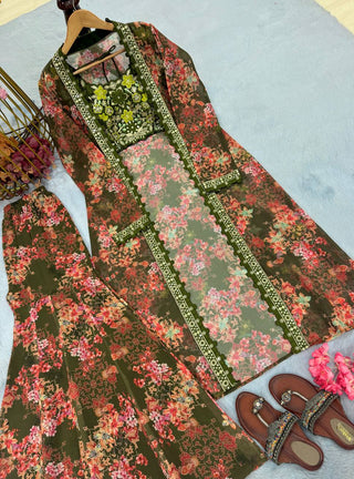 Mehendi Bollywood Style Indo-Western Koti, Plazzo & Blouse Set with Floral Digital Print & 5MM Sequins Work ClothsVilla