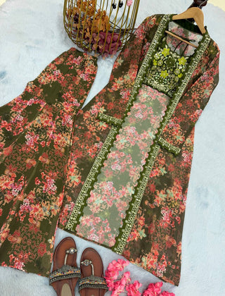 Mehendi Bollywood Style Indo-Western Koti, Plazzo & Blouse Set with Floral Digital Print & 5MM Sequins Work ClothsVilla