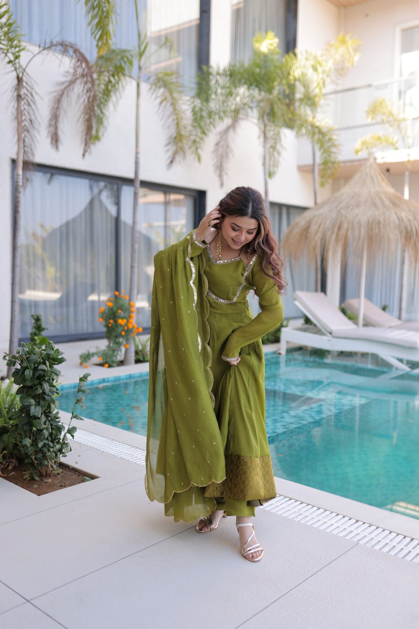 Mehendi Chanderi Mirror Lace Kurti Pant Set ClothsVilla