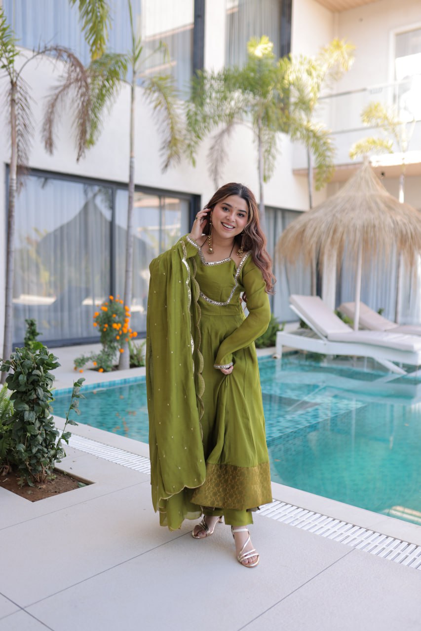Mehendi Chanderi Mirror Lace Kurti Pant Set ClothsVilla