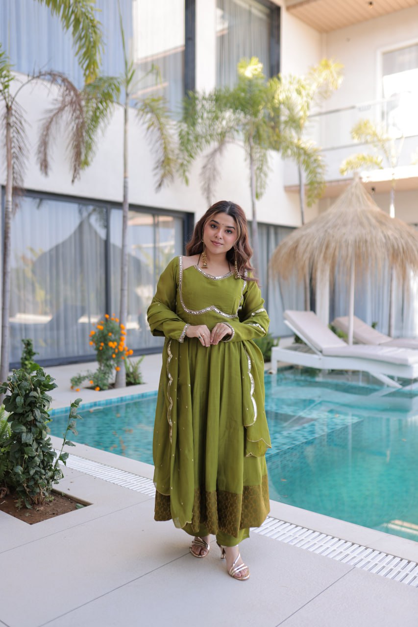 Mehendi Chanderi Mirror Lace Kurti Pant Set ClothsVilla