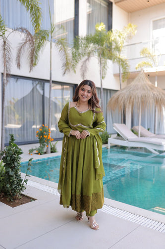 Mehendi Chanderi Mirror Lace Kurti Pant Set ClothsVilla