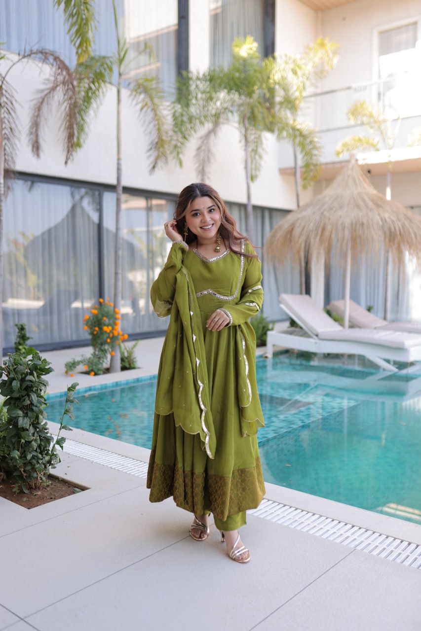 Mehendi Chanderi Mirror Lace Kurti Pant Set ClothsVilla