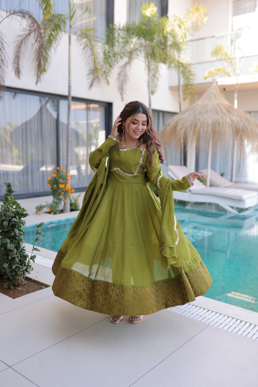 Mehendi Chanderi Mirror Lace Kurti Pant Set ClothsVilla