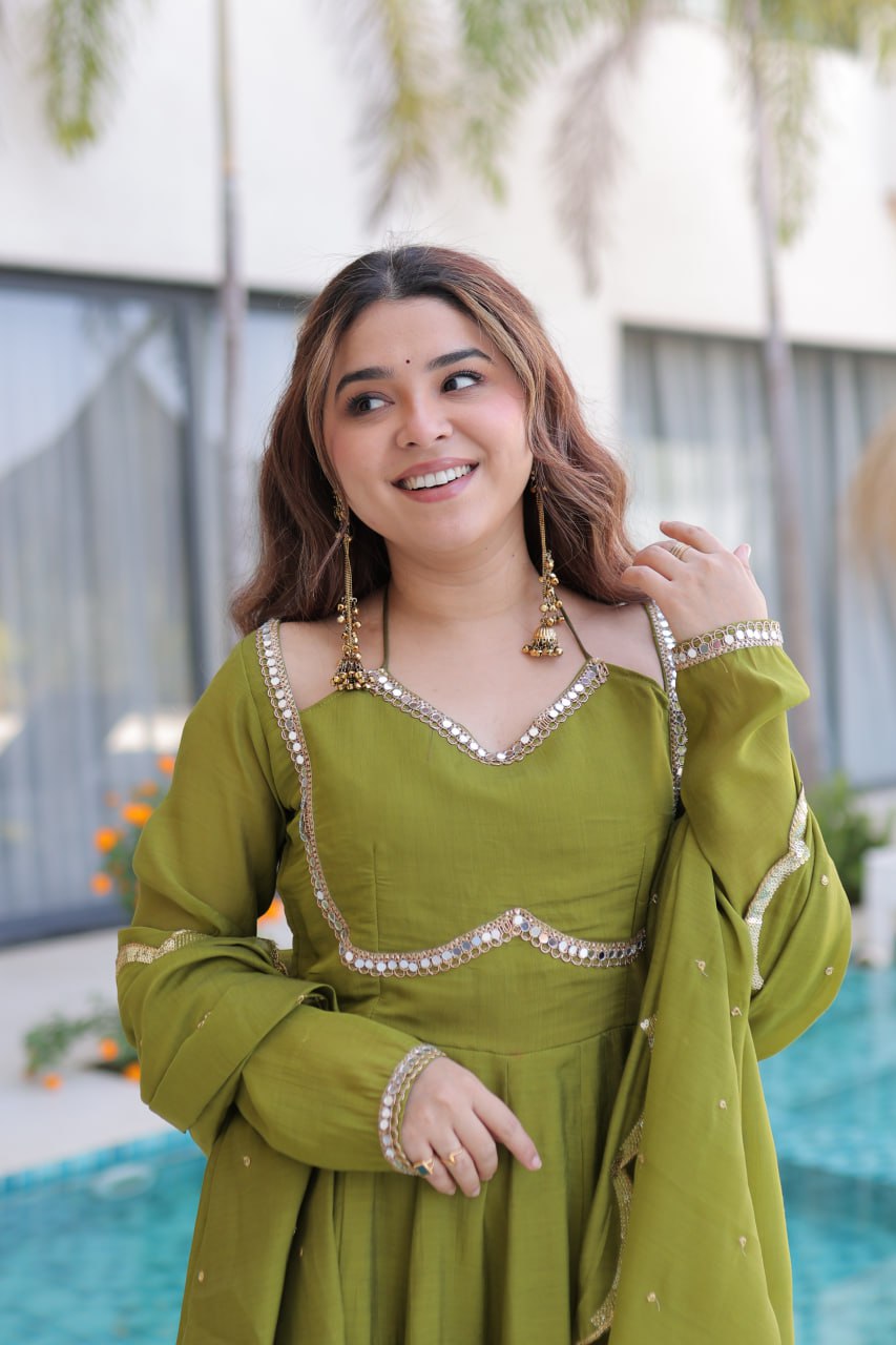 Mehendi Chanderi Mirror Lace Kurti Pant Set ClothsVilla