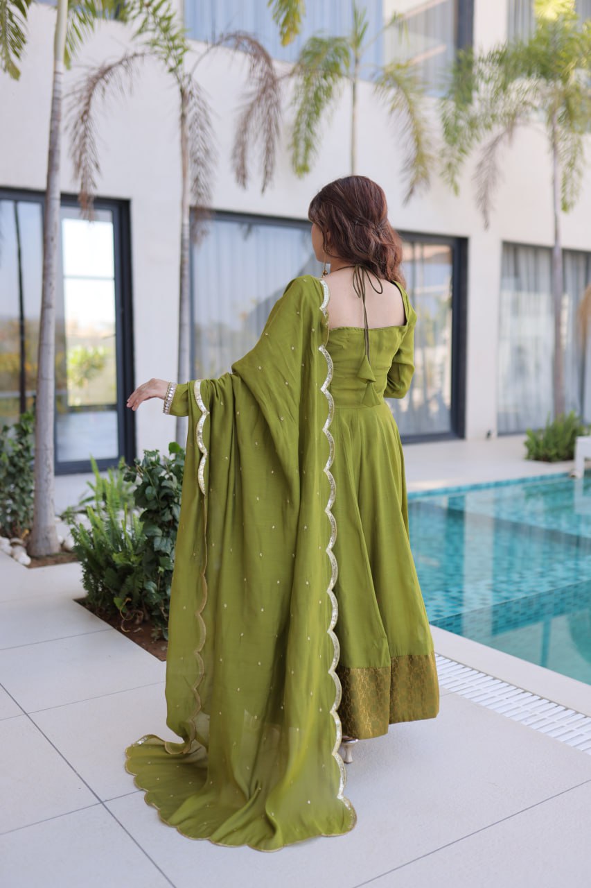 Mehendi Chanderi Mirror Lace Kurti Pant Set ClothsVilla