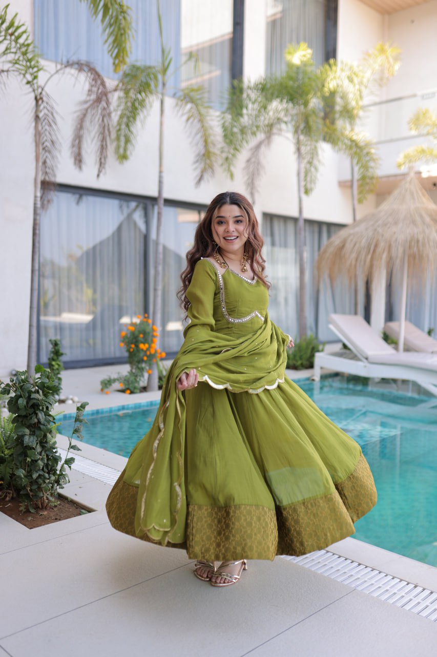Mehendi Chanderi Mirror Lace Kurti Pant Set ClothsVilla