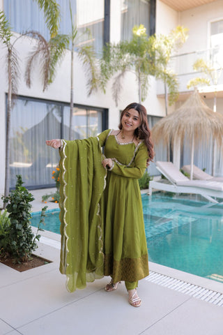 Mehendi Chanderi Mirror Lace Kurti Pant Set ClothsVilla