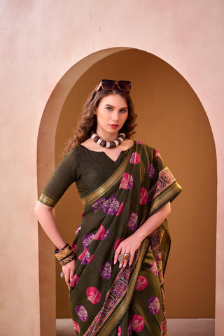Mehendi Chanderi Printed Saree ClothsVilla