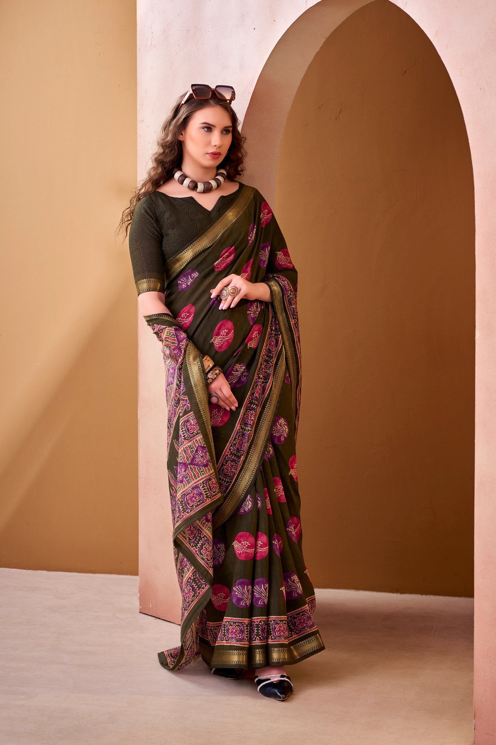 Mehendi Chanderi Printed Saree ClothsVilla