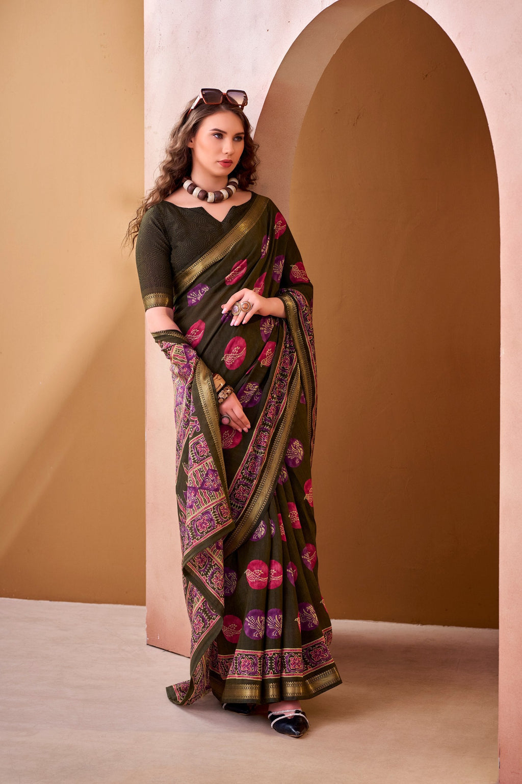 Mehendi Chanderi Printed Saree ClothsVilla