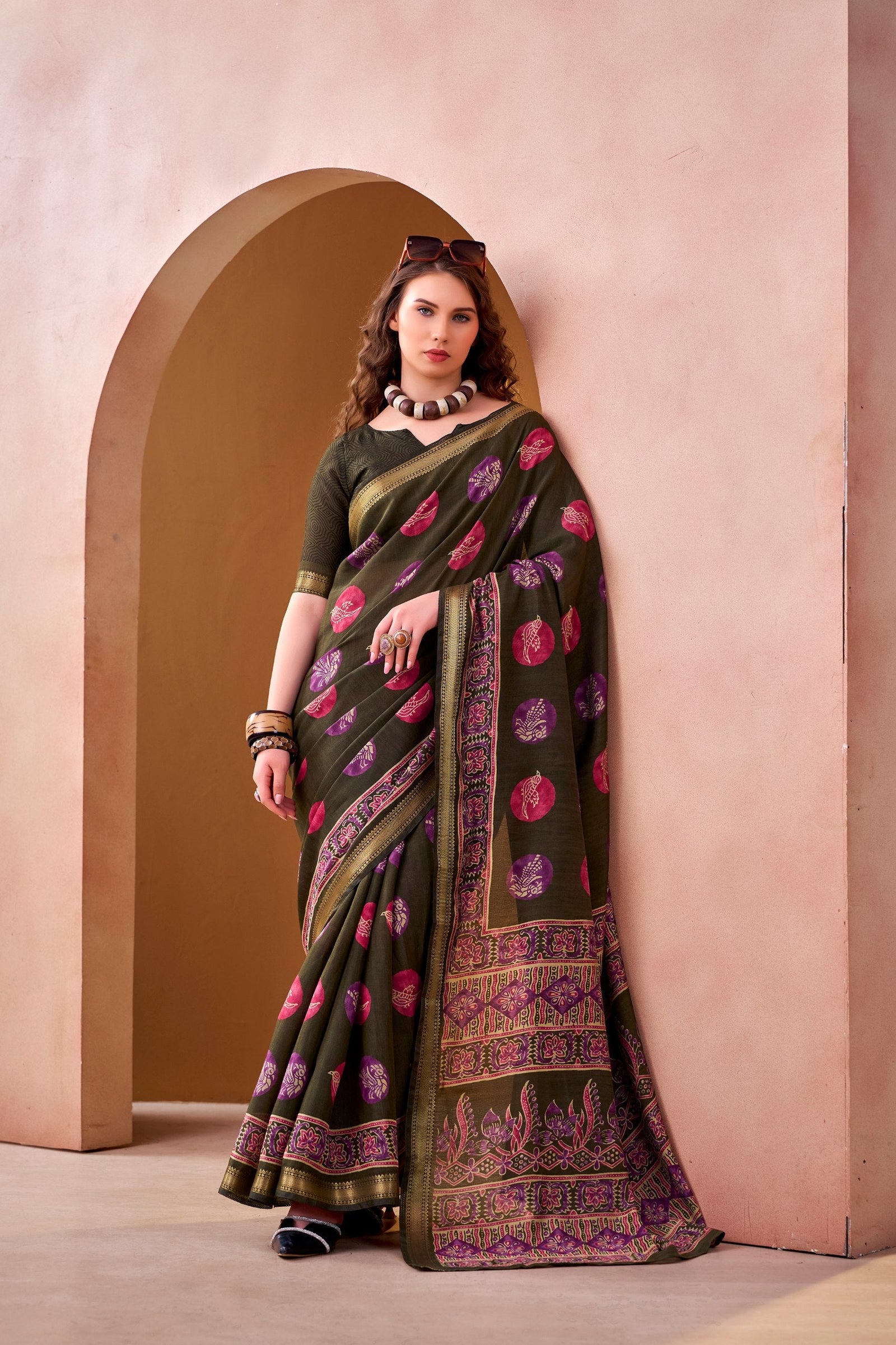 Mehendi Chanderi Printed Saree ClothsVilla