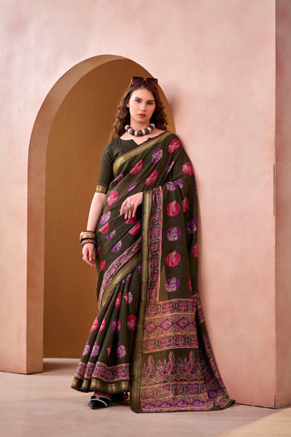 Mehendi Chanderi Printed Saree ClothsVilla