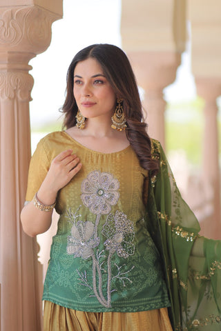 Mehendi Chinnon Print Kurti Set with Rich Beads Embroidery & Tebby Silk Dupatta – 3-Piece Ethnic Wear for Women ClothsVilla