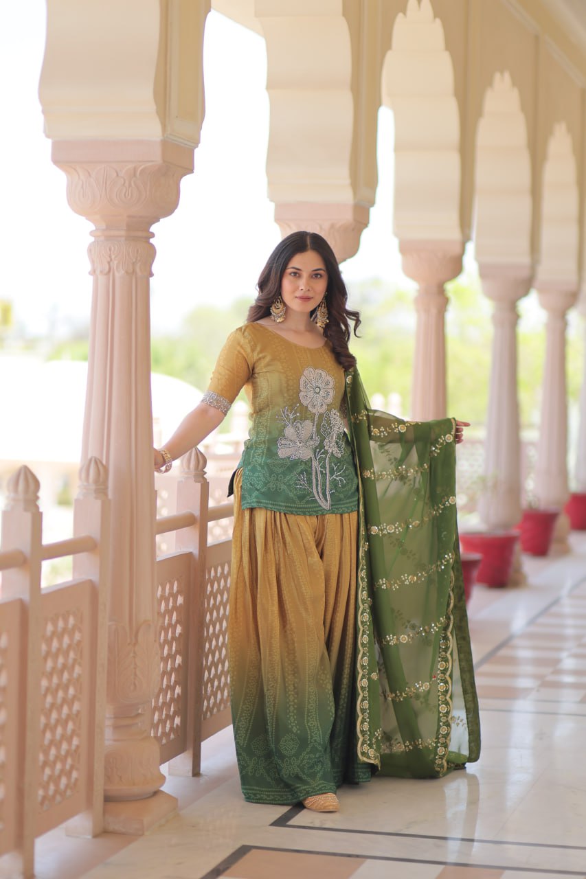 Mehendi Chinnon Print Kurti Set with Rich Beads Embroidery & Tebby Silk Dupatta – 3-Piece Ethnic Wear for Women ClothsVilla