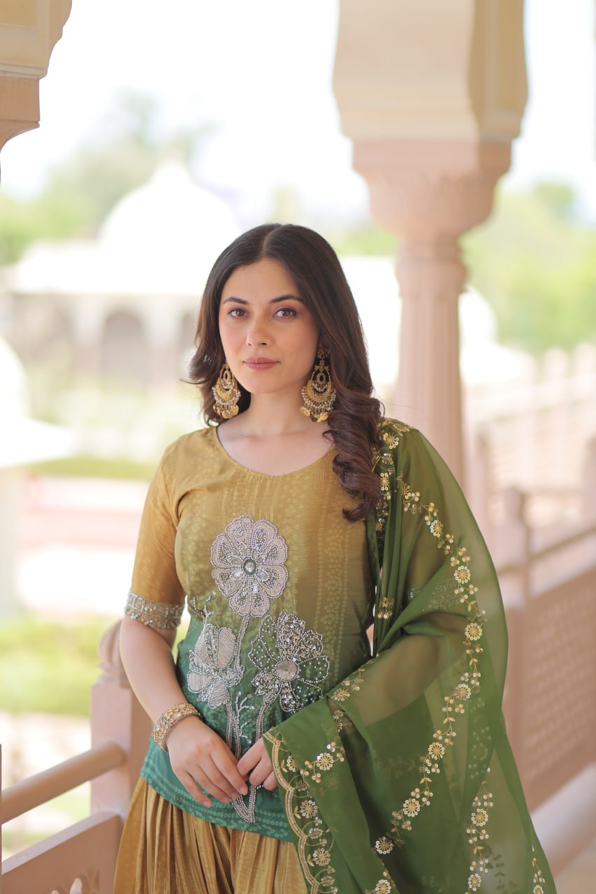 Mehendi Chinnon Print Kurti Set with Rich Beads Embroidery & Tebby Silk Dupatta – 3-Piece Ethnic Wear for Women ClothsVilla