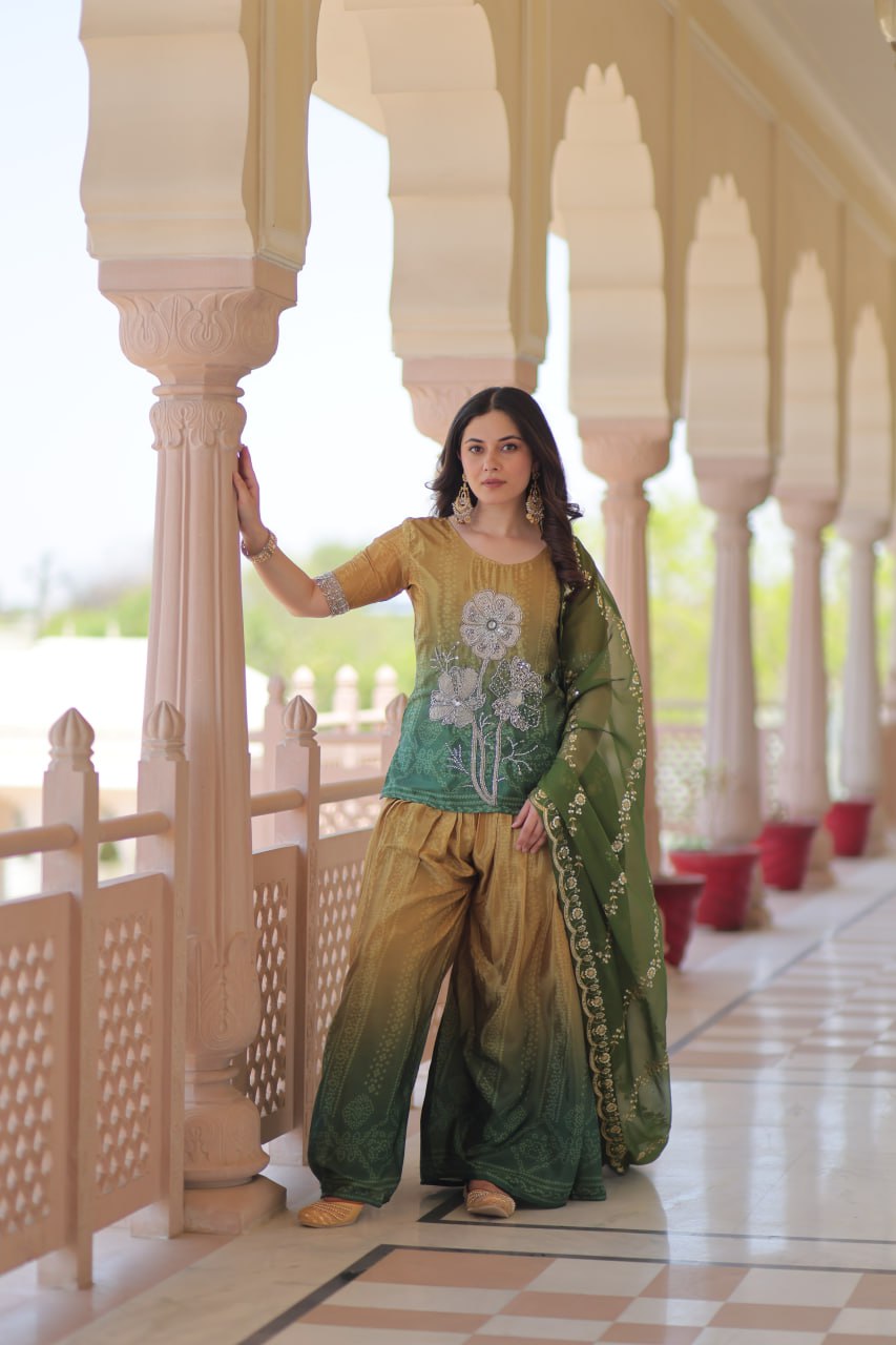 Mehendi Chinnon Print Kurti Set with Rich Beads Embroidery & Tebby Silk Dupatta – 3-Piece Ethnic Wear for Women ClothsVilla