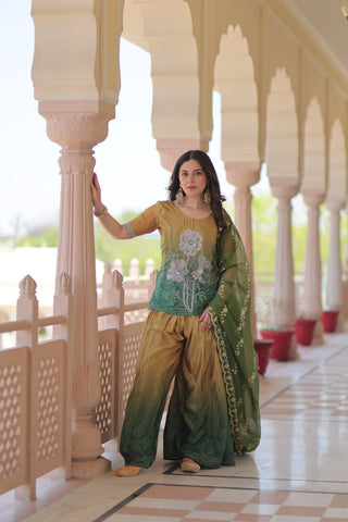 Mehendi Chinnon Print Kurti Set with Rich Beads Embroidery & Tebby Silk Dupatta – 3-Piece Ethnic Wear for Women ClothsVilla